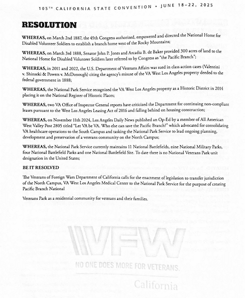 Delegates of The Veterans of Foreign Wars 105th California State Convention adopted National Resolution 25-1 in support of Pacific Branch National Veterans Park